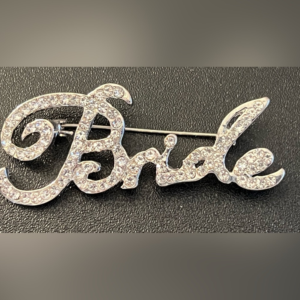 BRIDE 2 3/4" Rhinestone Studded Bridal Party Brooch/Pin Silver Tone Setting